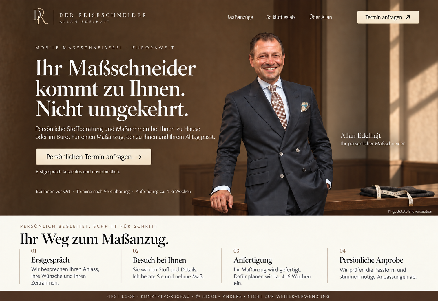Gekennzeichnete Der Reiseschneider-Konzeptvorschau: mobile Maßschneiderei mit Allan, persönlicher Vor-Ort-Beratung und vier Schritten zum Maßanzug.
